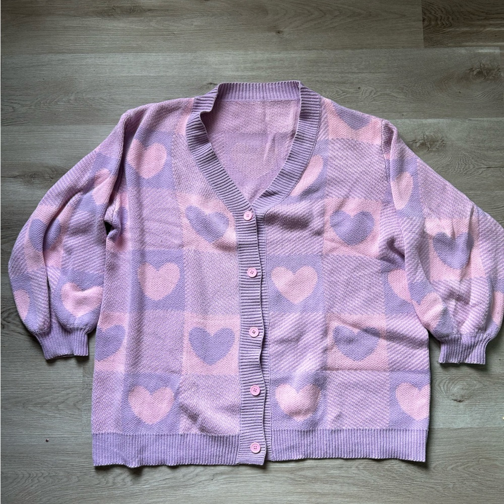 Lilac Pink Gingham Hearts Oversized Cardigan